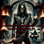 DALL·E 2024-05-15 18.39.57 – A typical metalhead with a skull for a head, long black hair, wearing a long black leather coat. He carries an electric guitar on his back that looks